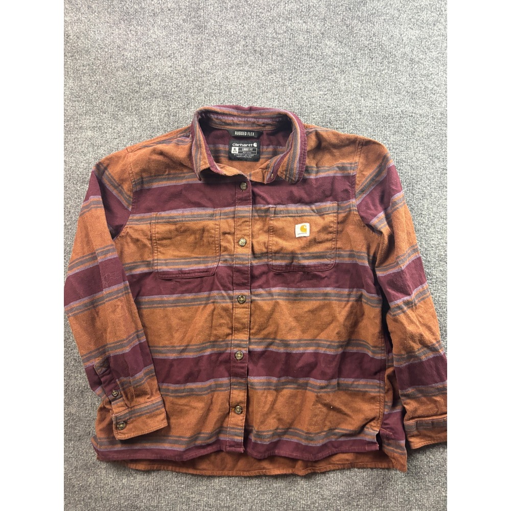 Carhartt Rugged Flex Flannel Shirt Womens XL Rust Burgundy Striped 104972 B19